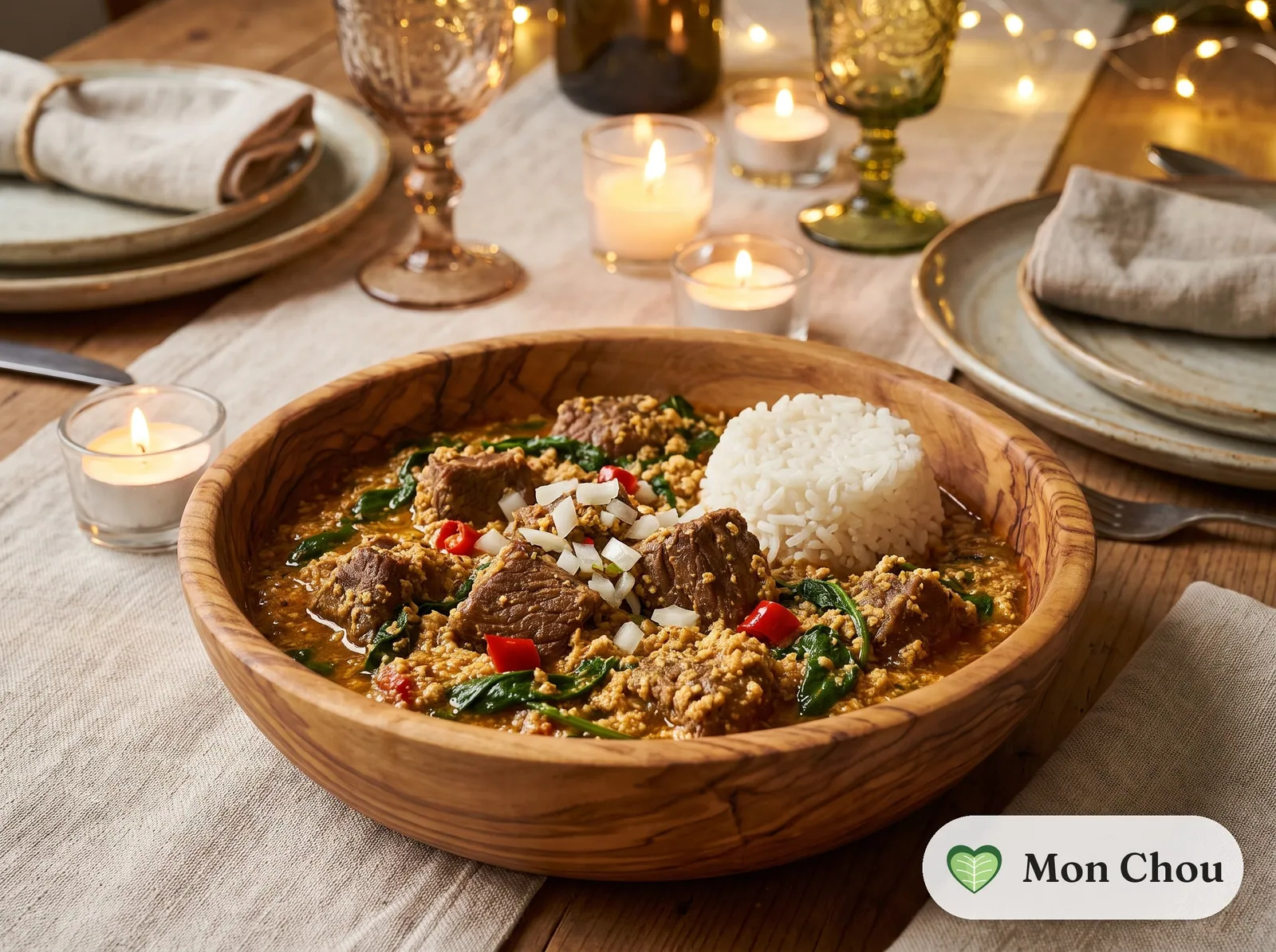 Egusi Suppe mit Rind und Reis