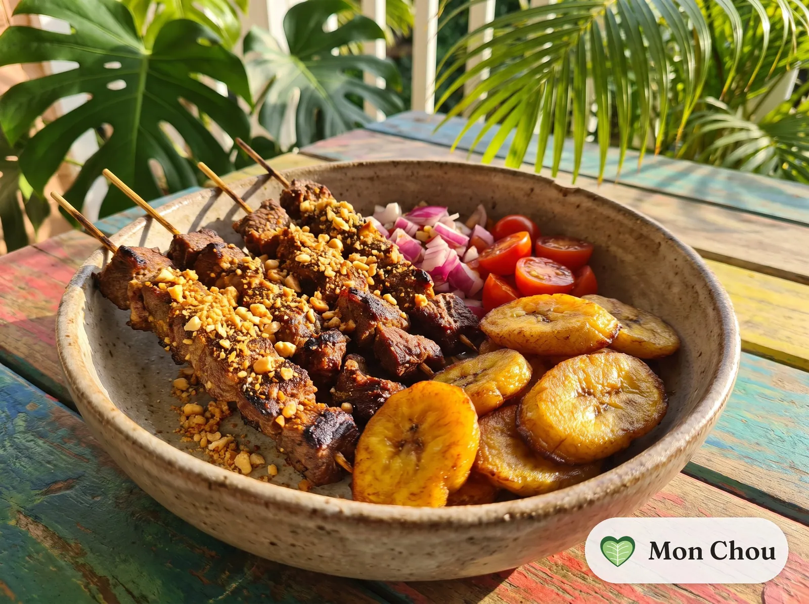 Rinder Suya mit frittierten Kochbananen und Salat
