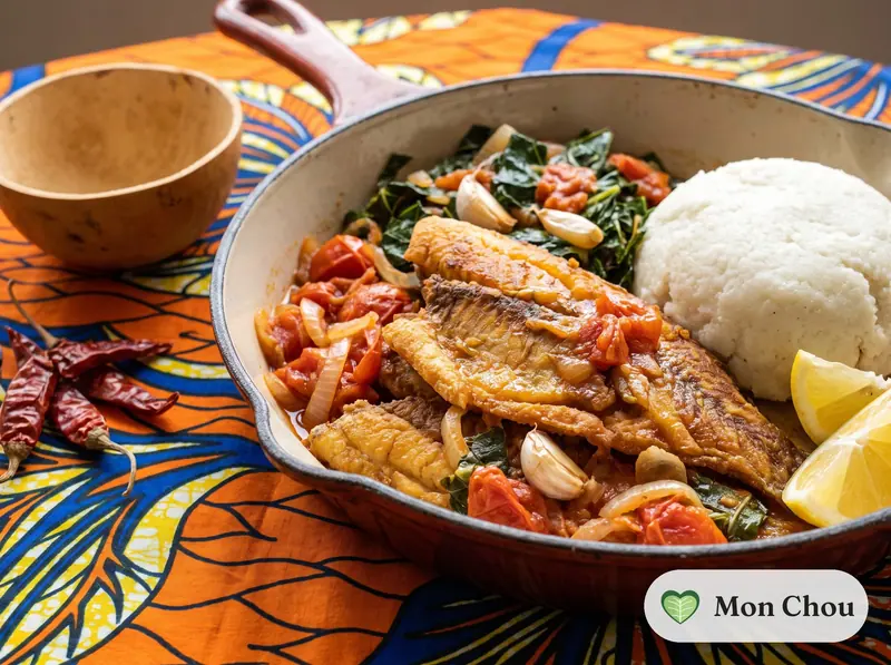 Kenianischer gebratener Tilapia mit Ugali und gebratenem Kohl
