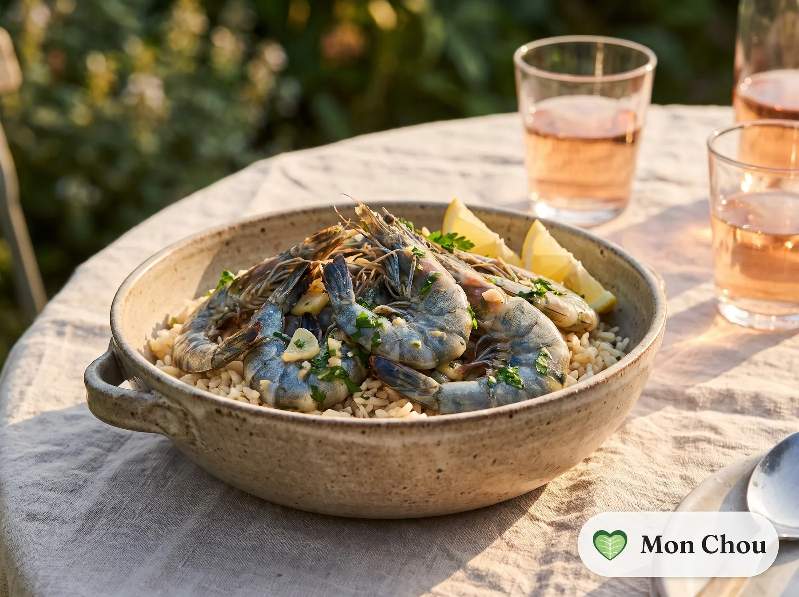 Crevettes bleues à l&rsquo;ail et riz