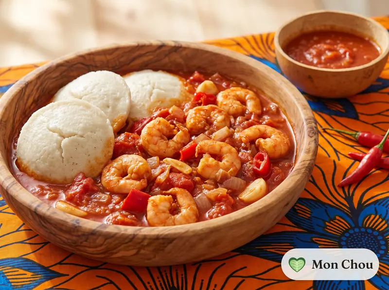 Ablo et sauce tomate aux crevettes
