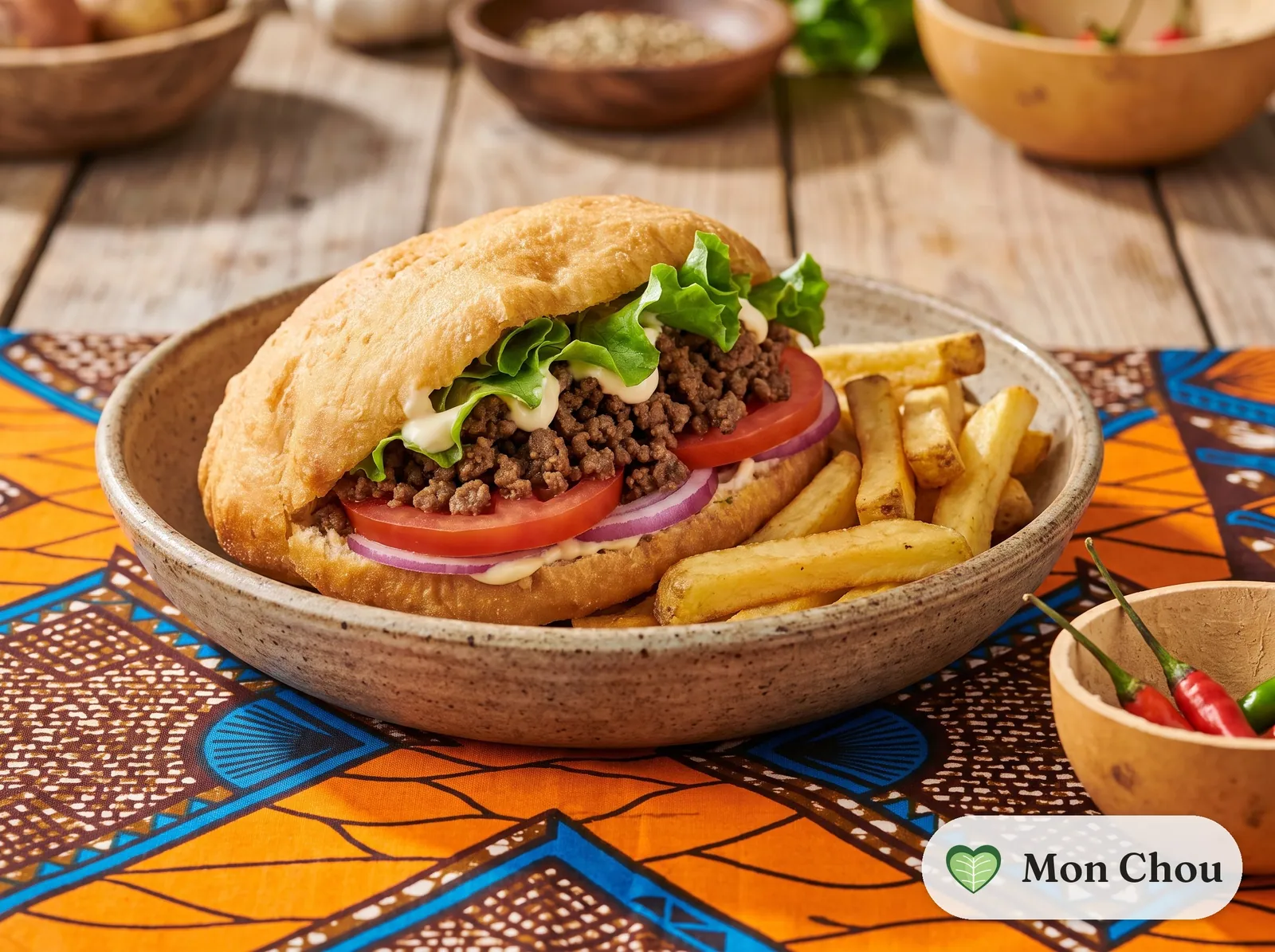 Agoulou mit Rindfleisch und Pommes
