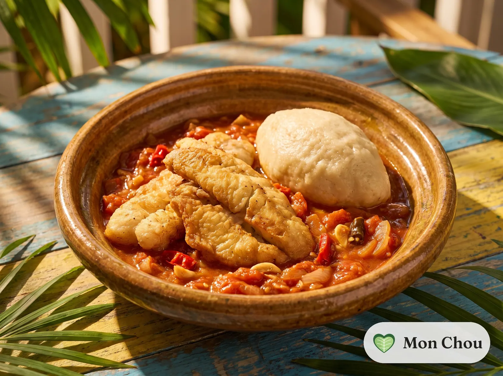 Akoumé et poisson frit sauce tomate