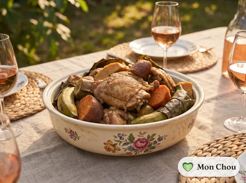 Bougna mit Huhn, Yamswurzel und Süßkartoffel