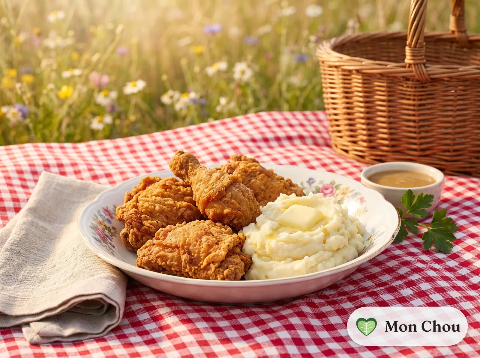 Southern fried chicken with mashed potatoes and corn