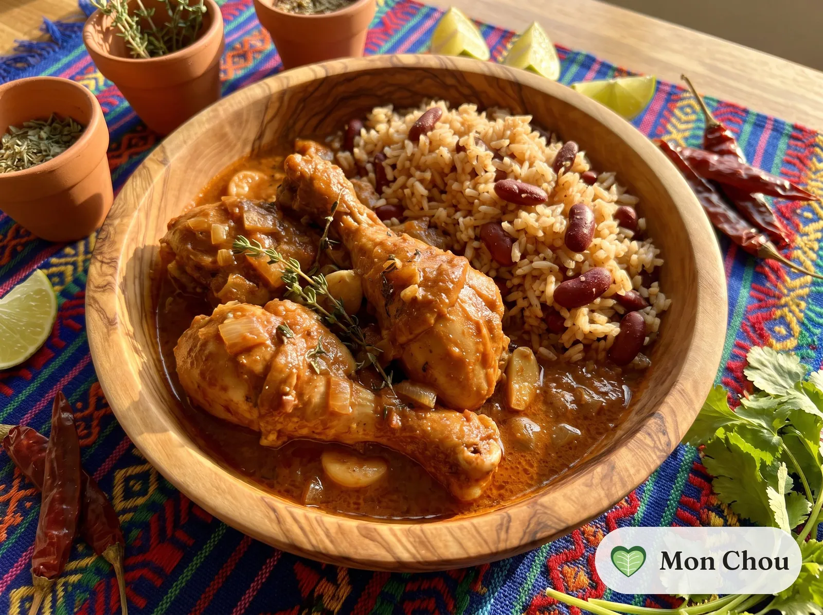Belizean stewed chicken with rice and beans