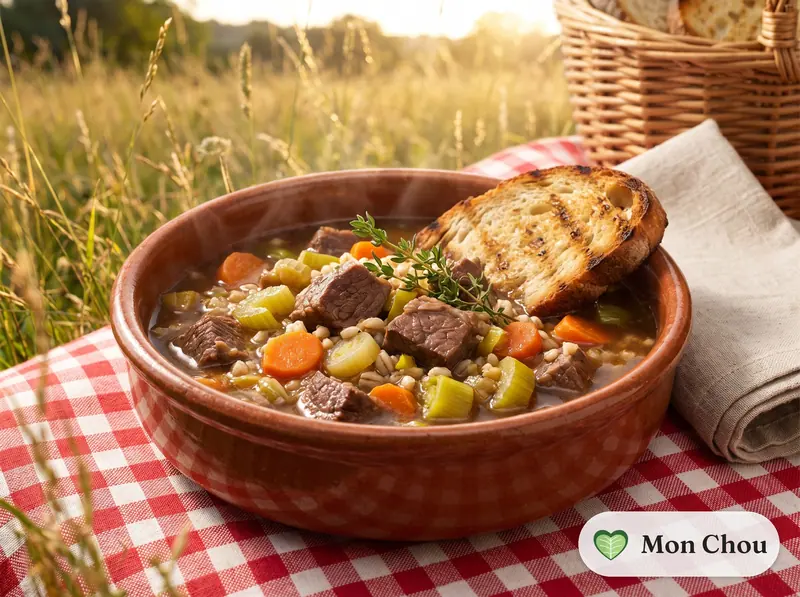Soupe de bœuf à l&rsquo;orge et pain grillé