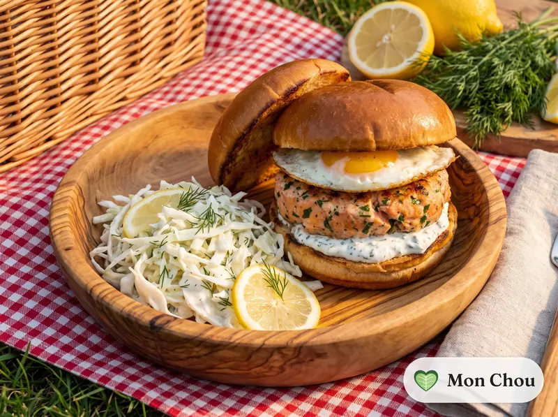 Salmon burgers with coleslaw