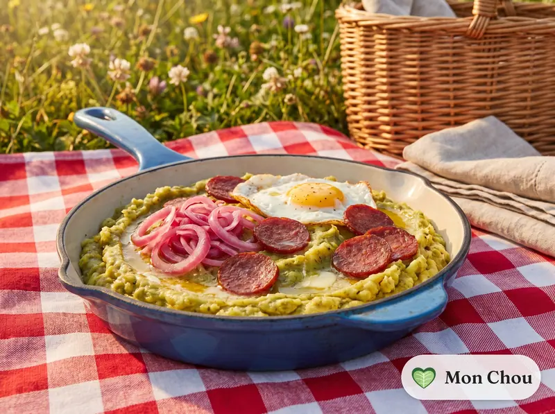 Mangú, oignons marinés et salami frit