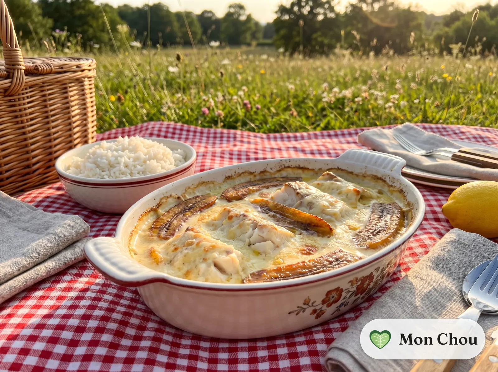 Brasilianischer Bananen Fisch Gratin mit Reis
