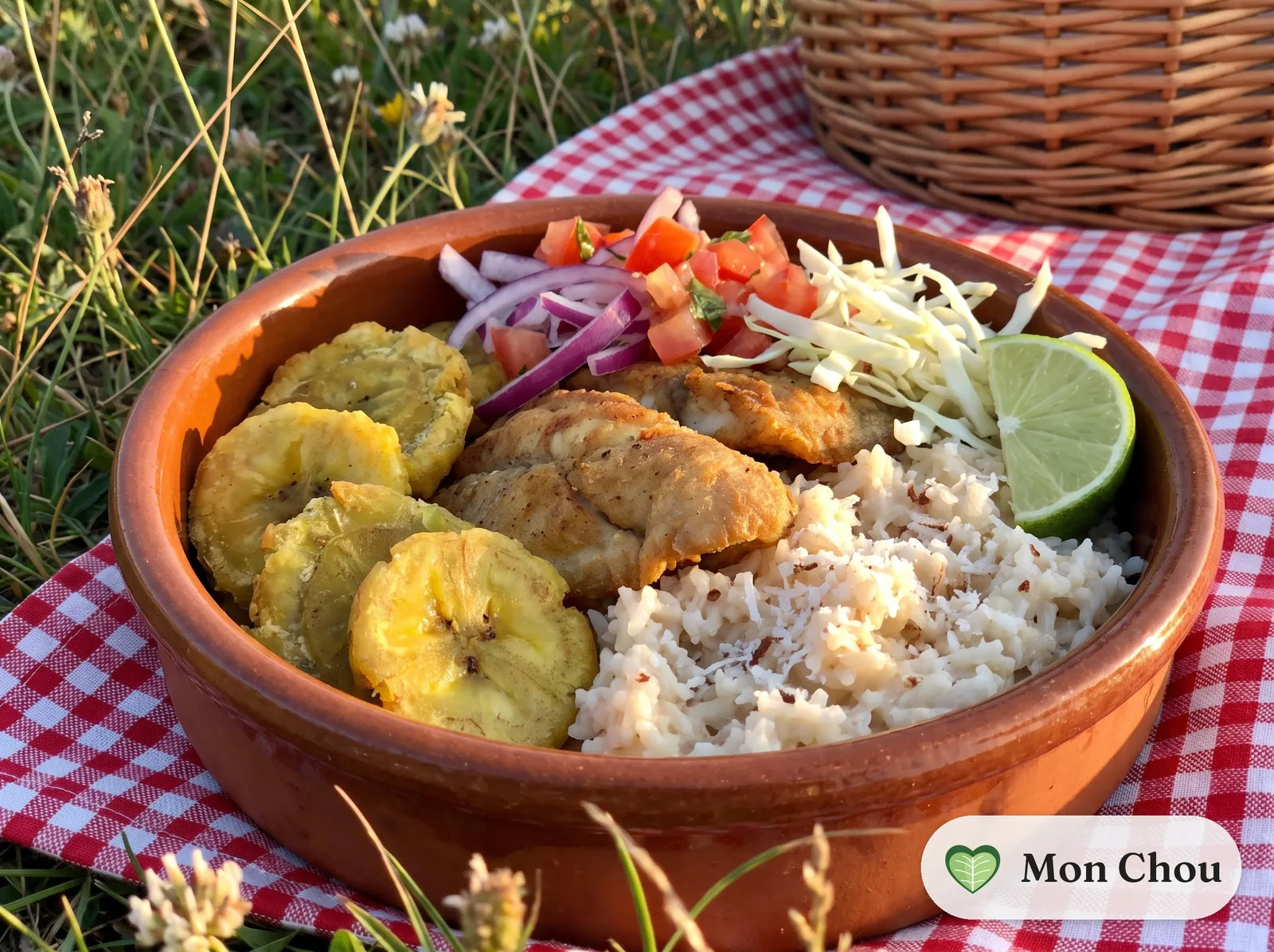 Fried fish with coconut rice and patacones