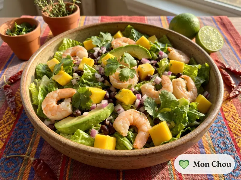 Salade de crevettes aux haricots noirs et mangue