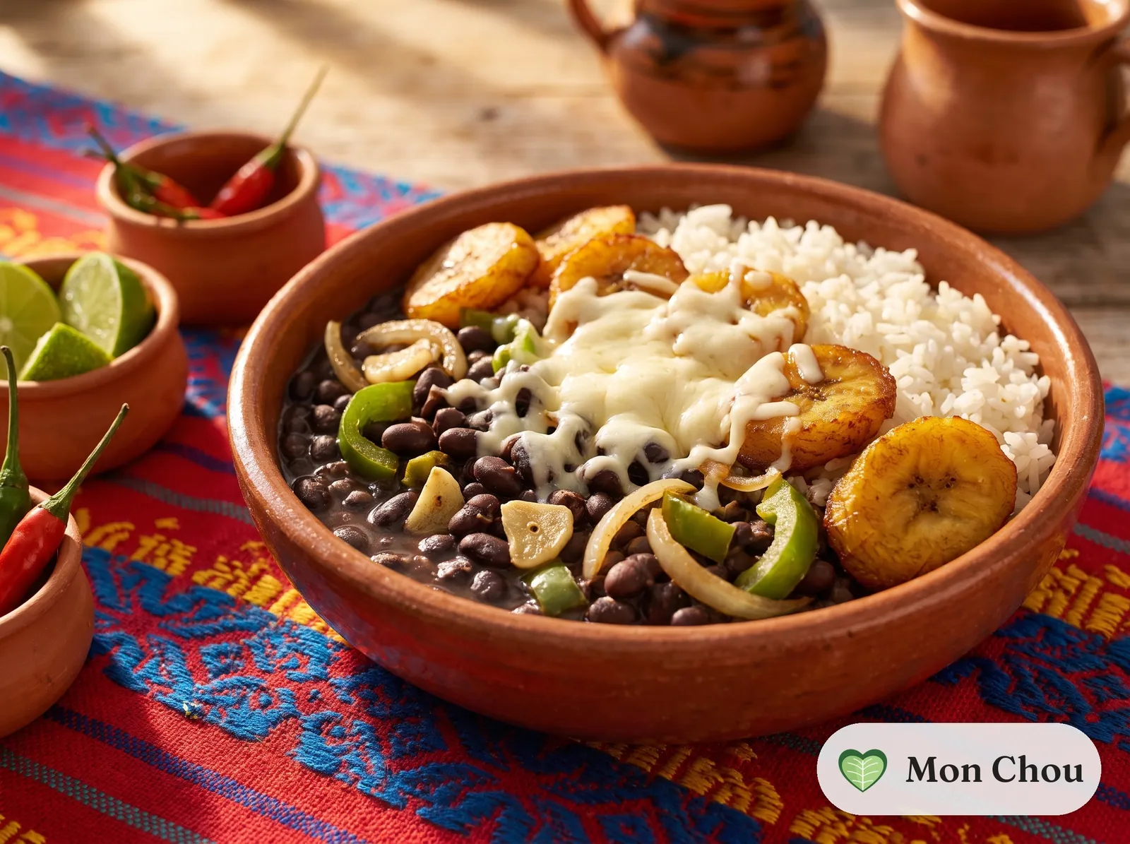 Caraotas negras, riz et plantains