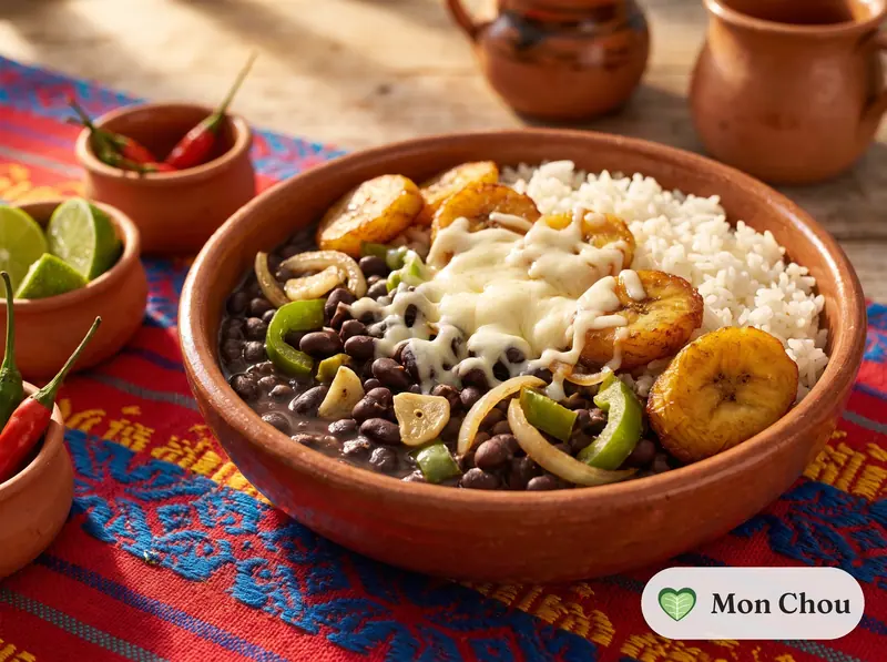 Caraotas negras, riz et plantains