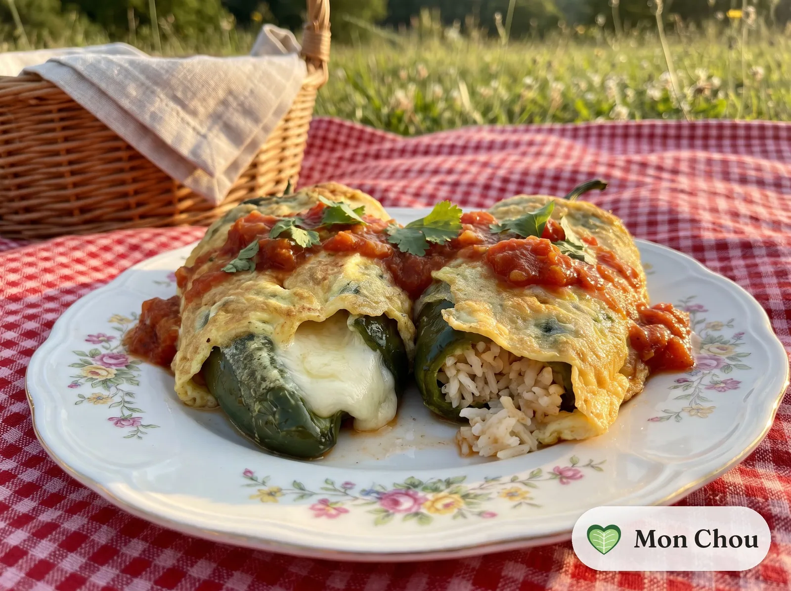 Chiles rellenos mit Käse und Reis