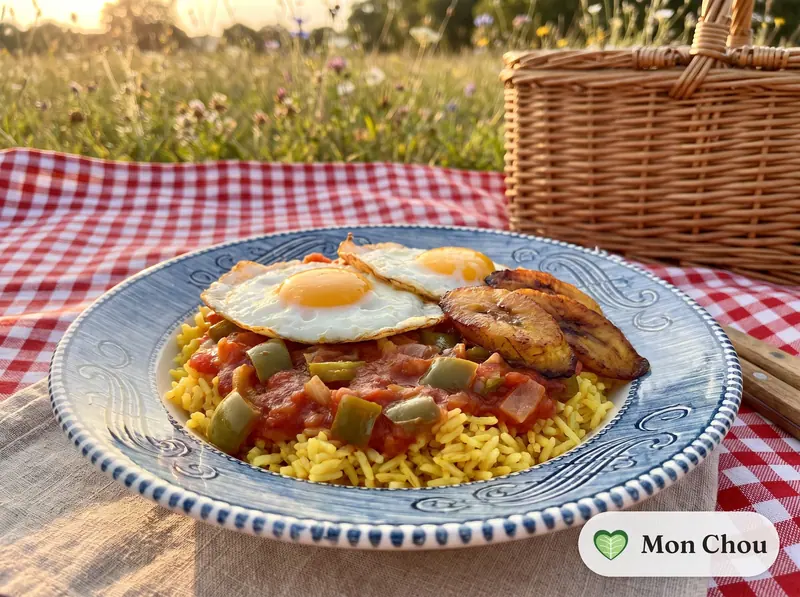 Riz à la cubaine, œuf au plat et banane plantain