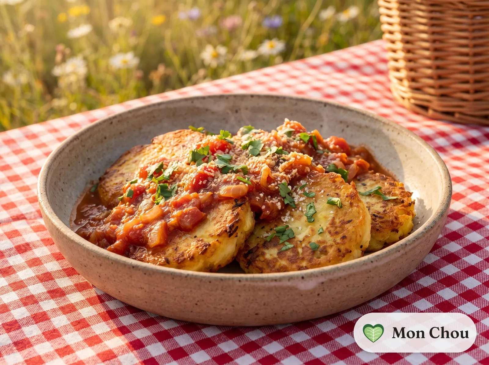 Potato tortitas in tomato sauce