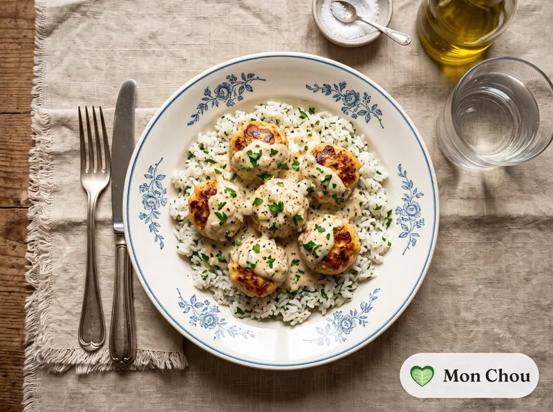 Boulettes de poulet à la crème et riz