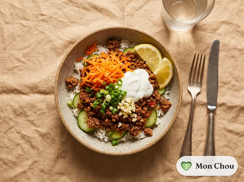 Bowl de bœuf haché épicé, riz et concombre