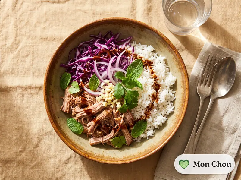 Bowl de porc effiloché, riz et chou rouge