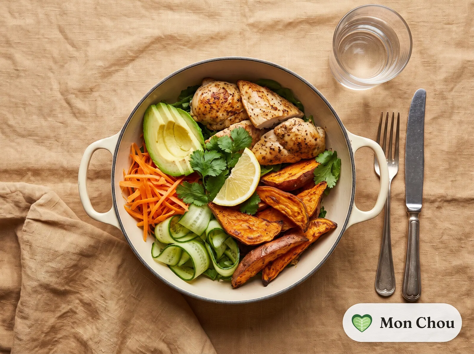 Bowl de poulet rôti, patate douce et avocat