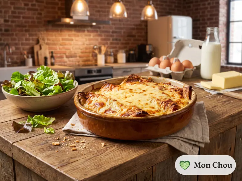 Crêpes jambon fromage gratinées et salade