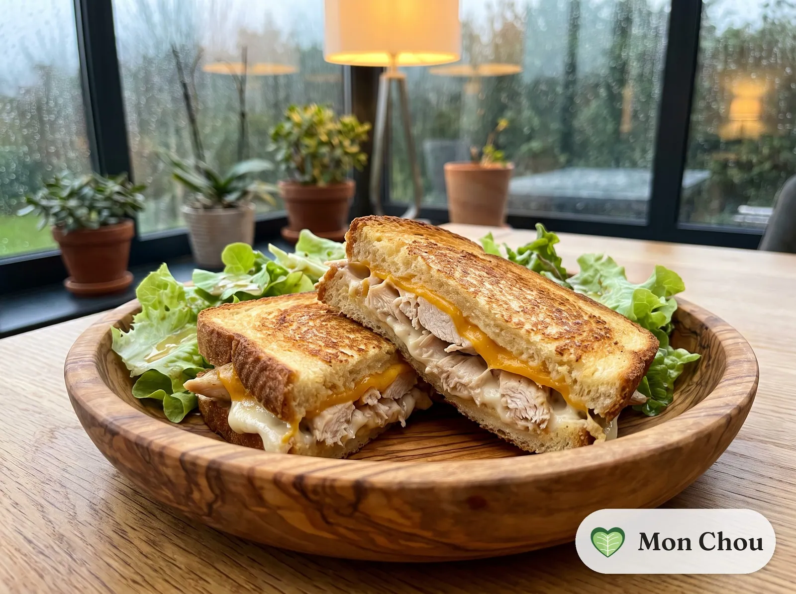 Croque au poulet et cheddar, salade