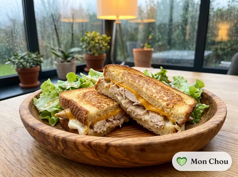 Chicken and cheddar croque monsieur with salad