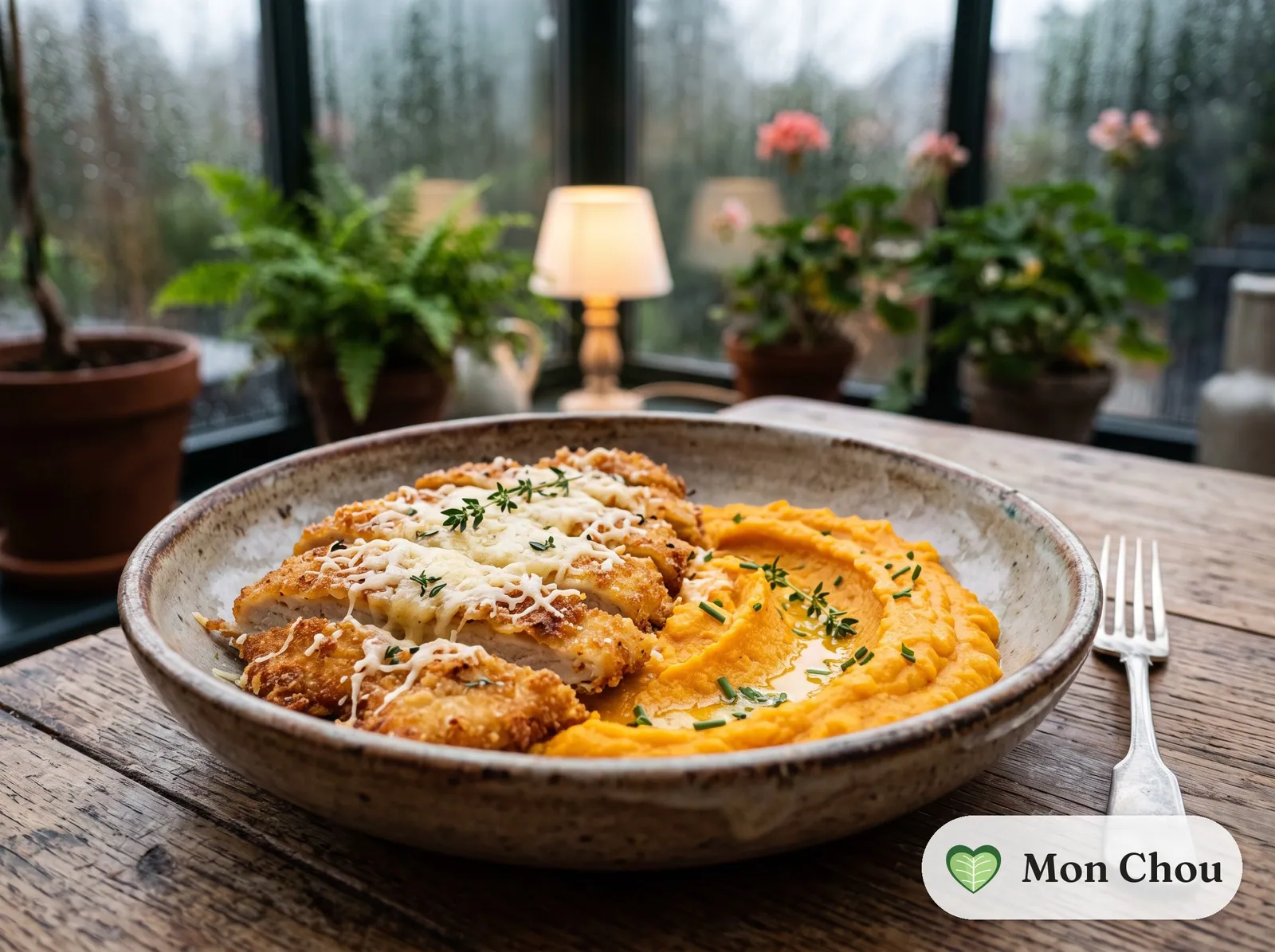 Escalopes de poulet au parmesan et purée de carottes