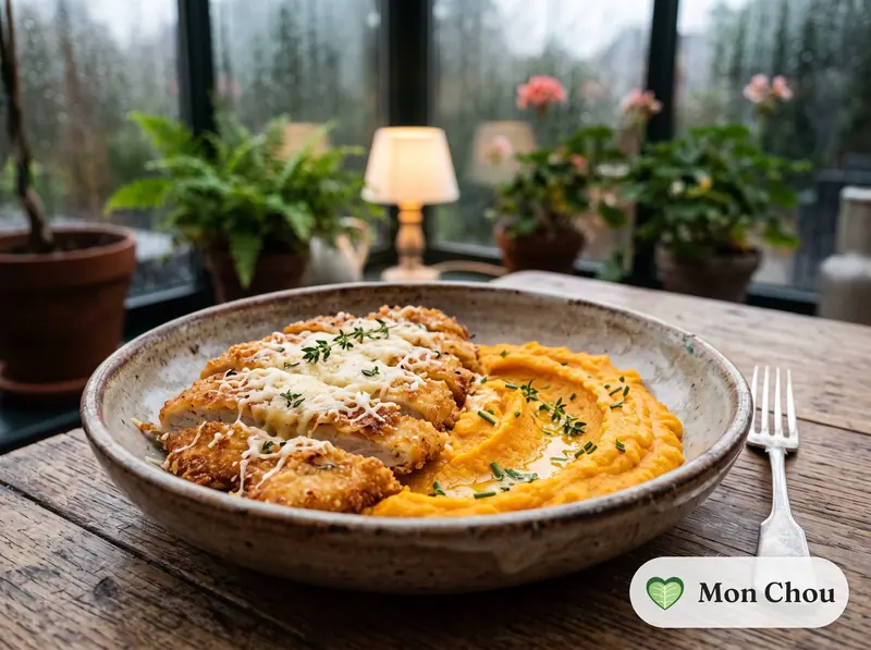 Escalopes de poulet au parmesan et purée de carottes