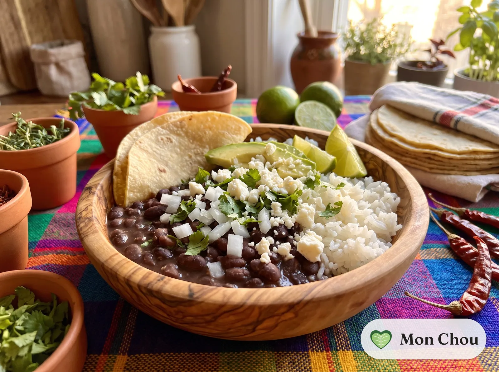 Frijoles de olla, riz et tortillas