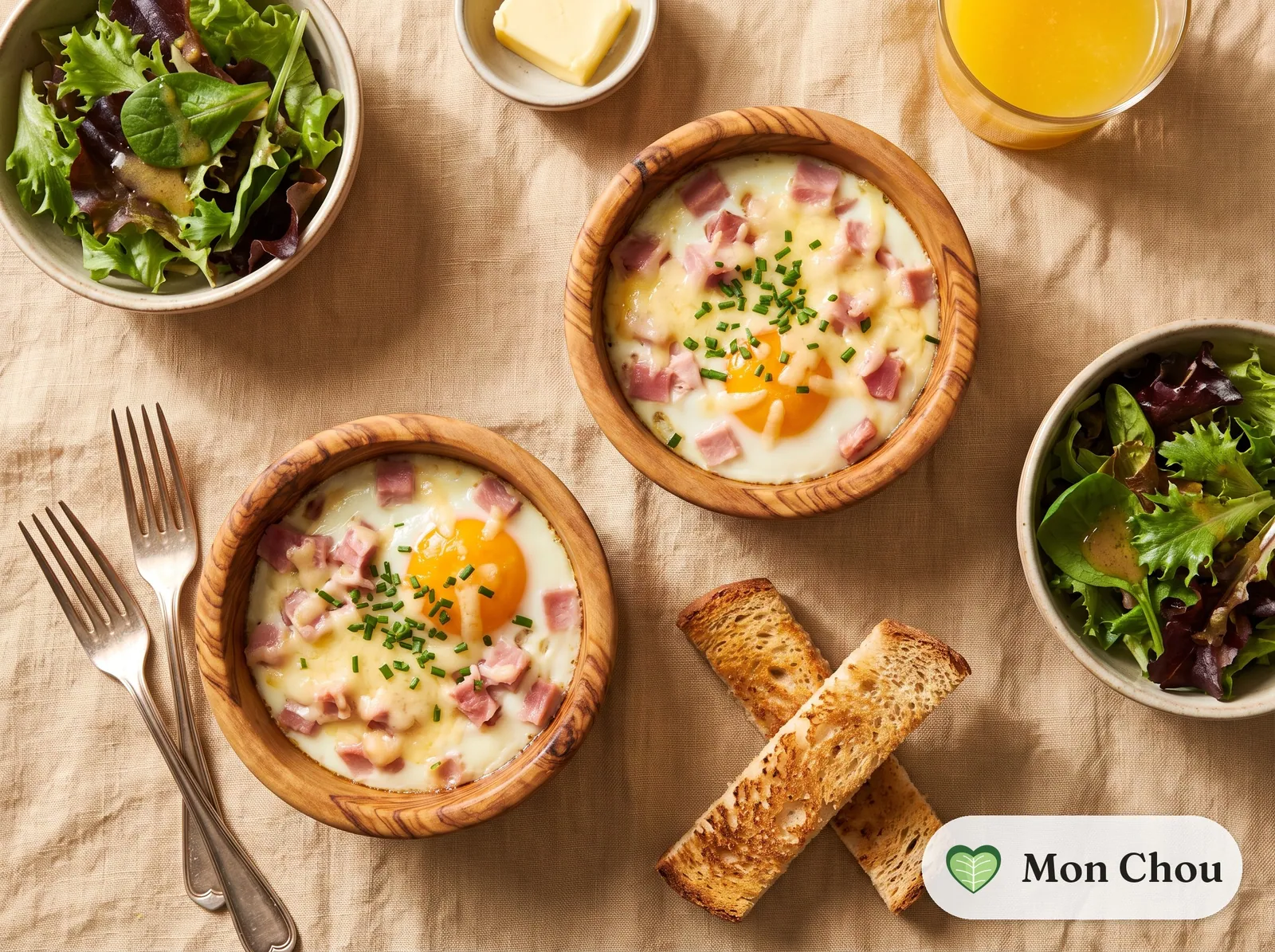 Gebackene Eier mit Schinken, Brotstreifen und Salat