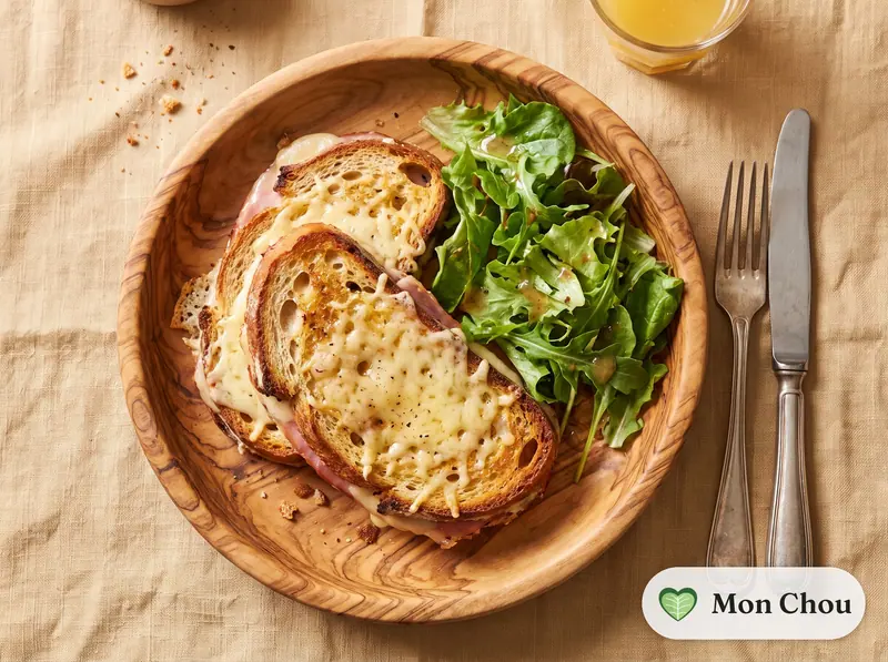 Pain perdu salé au jambon et fromage, salade