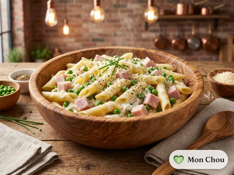 Pâtes au jambon et petits pois