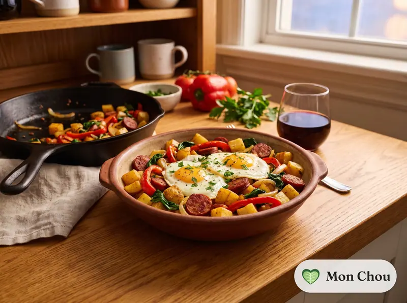 Poêlée de pommes de terre, chorizo et poivrons