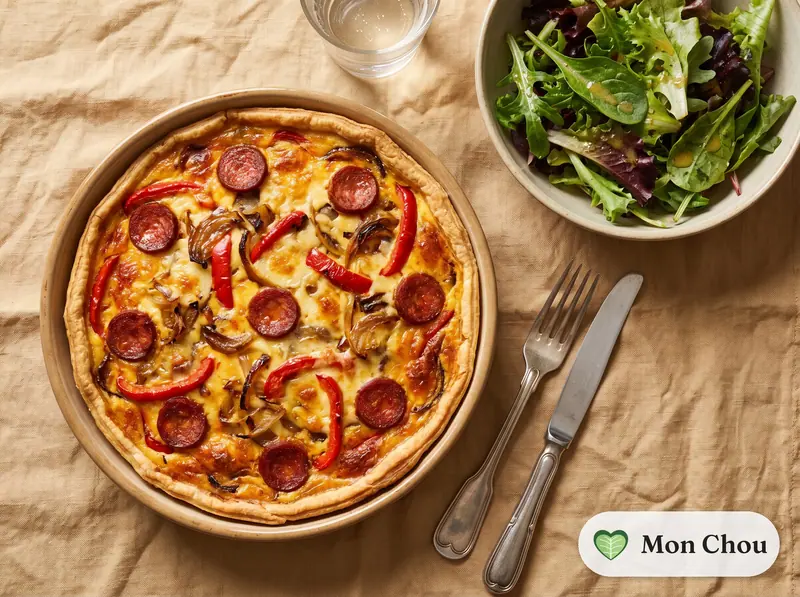 Quiche au chorizo et poivrons, salade
