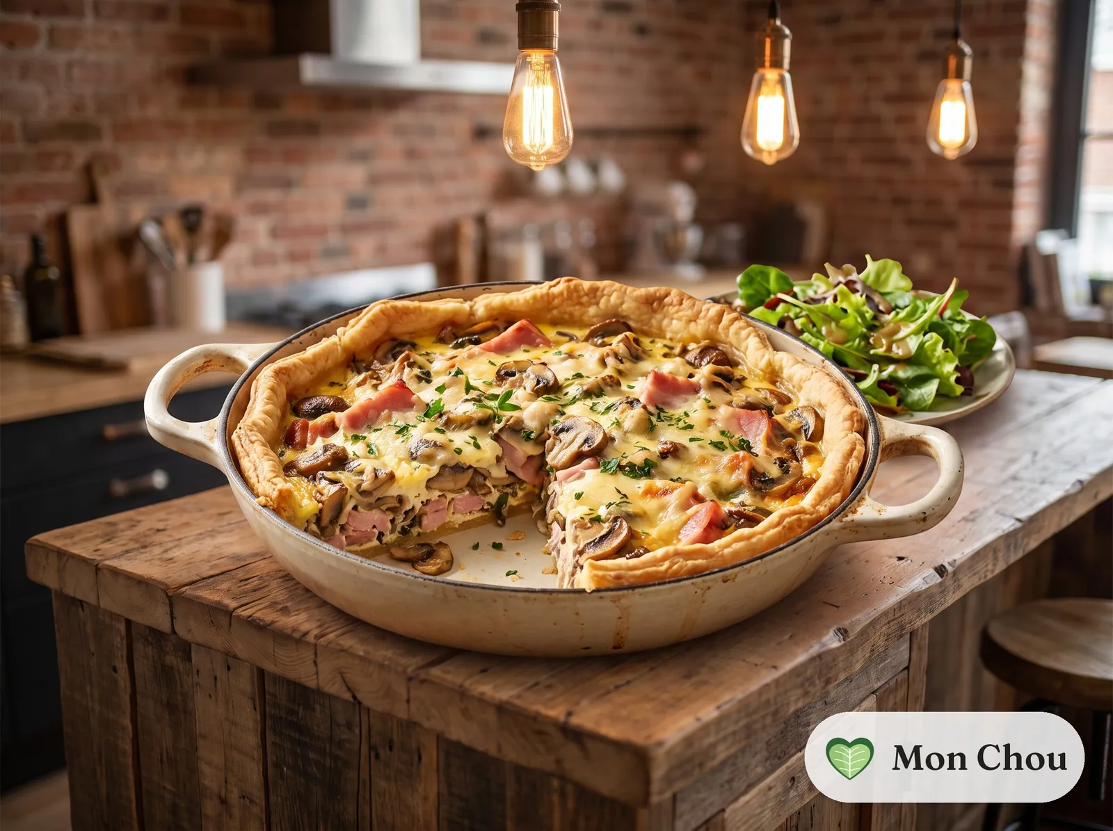 Quiche jambon et champignons, salade