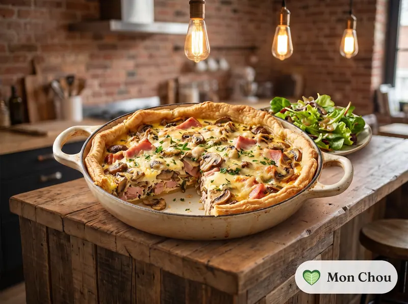 Quiche jambon et champignons, salade
