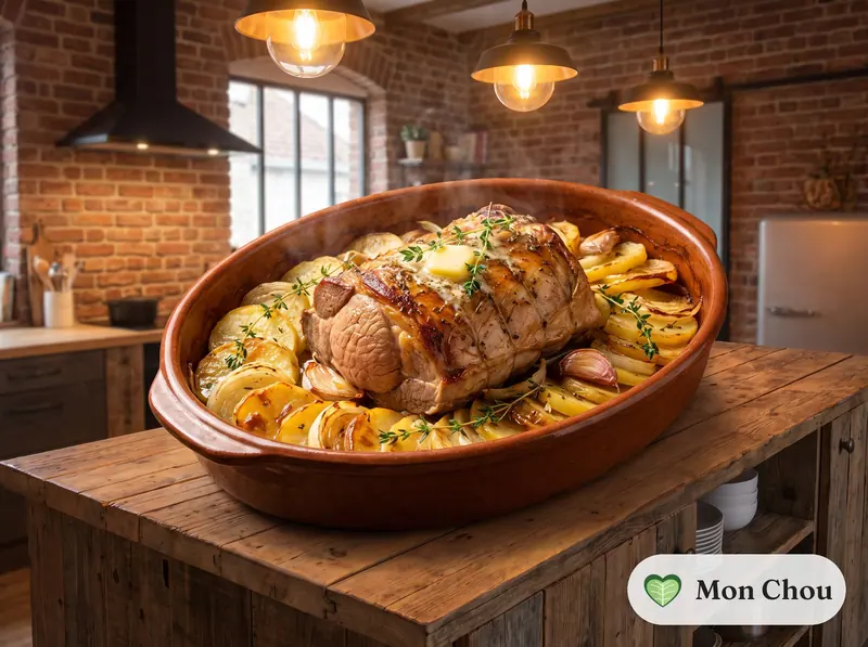 Rôti de veau et pommes boulangères