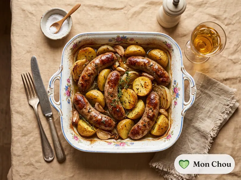 Saucisses au four, oignons et pommes de terre
