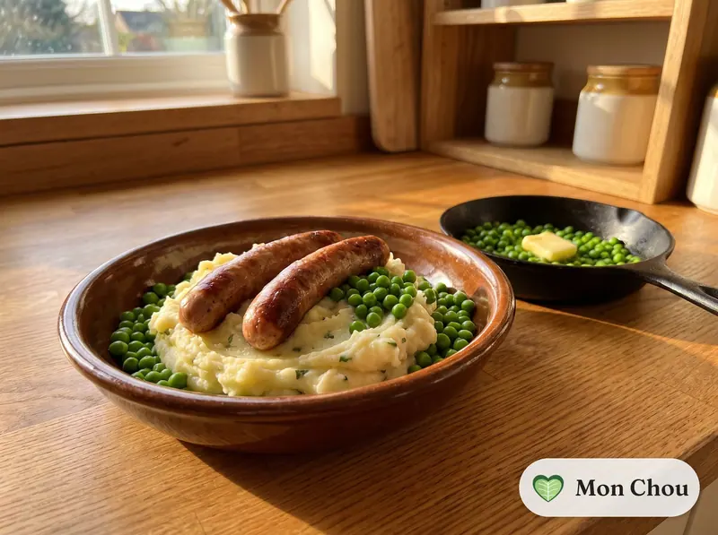 Saucisses de Strasbourg, purée et petits pois