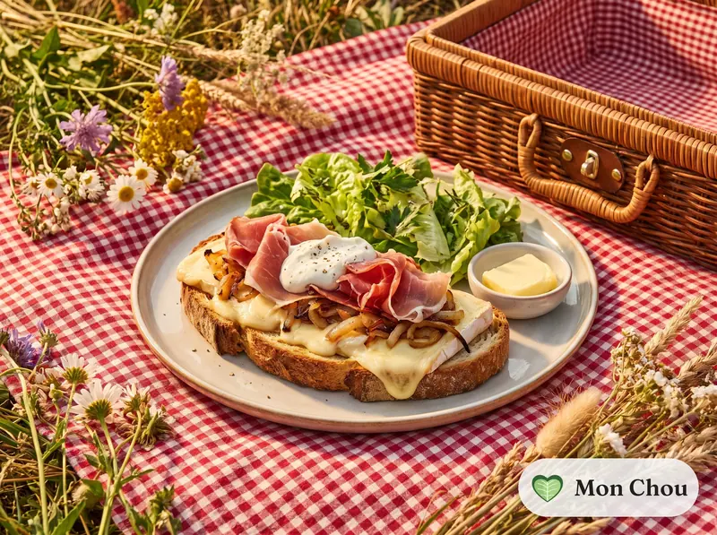 Tartine savoyarde au jambon cru et reblochon, salade