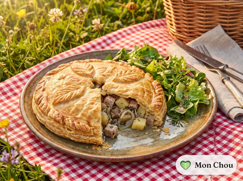 Tourte au porc et pommes de terre, salade