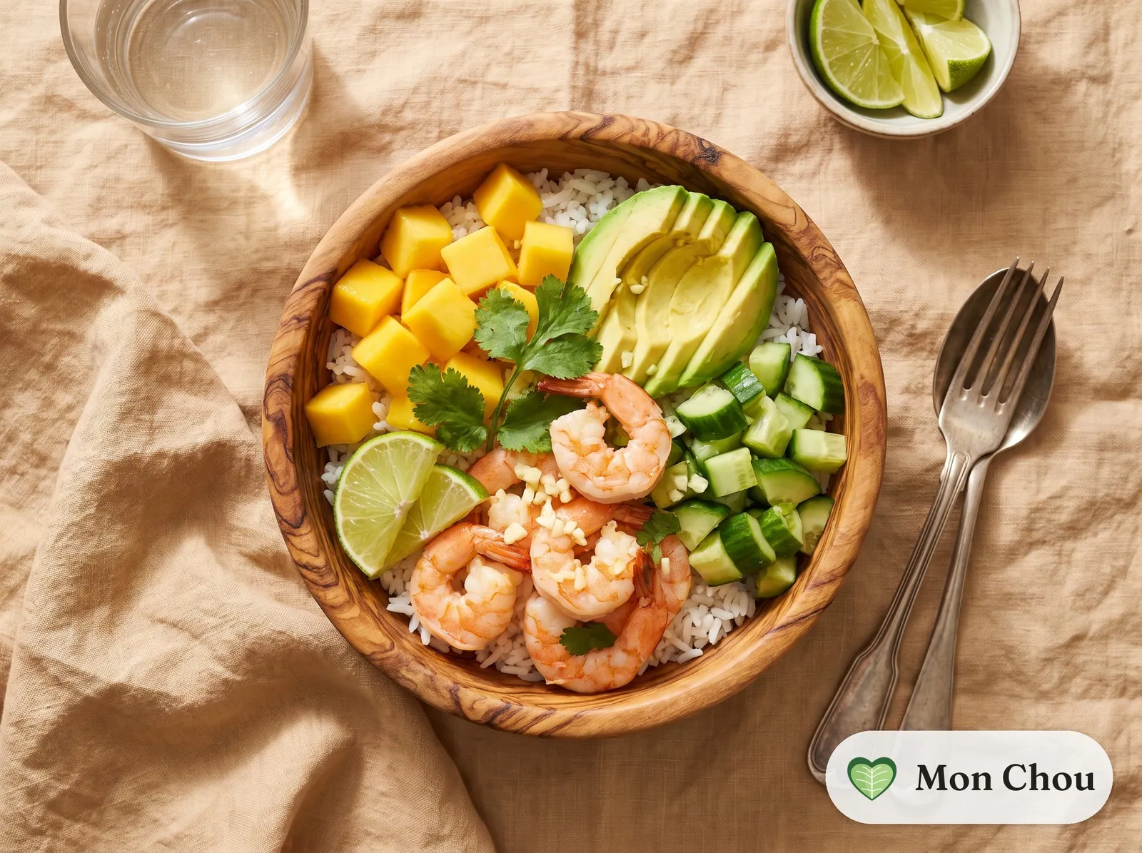 Bowl de crevettes, riz et mangue