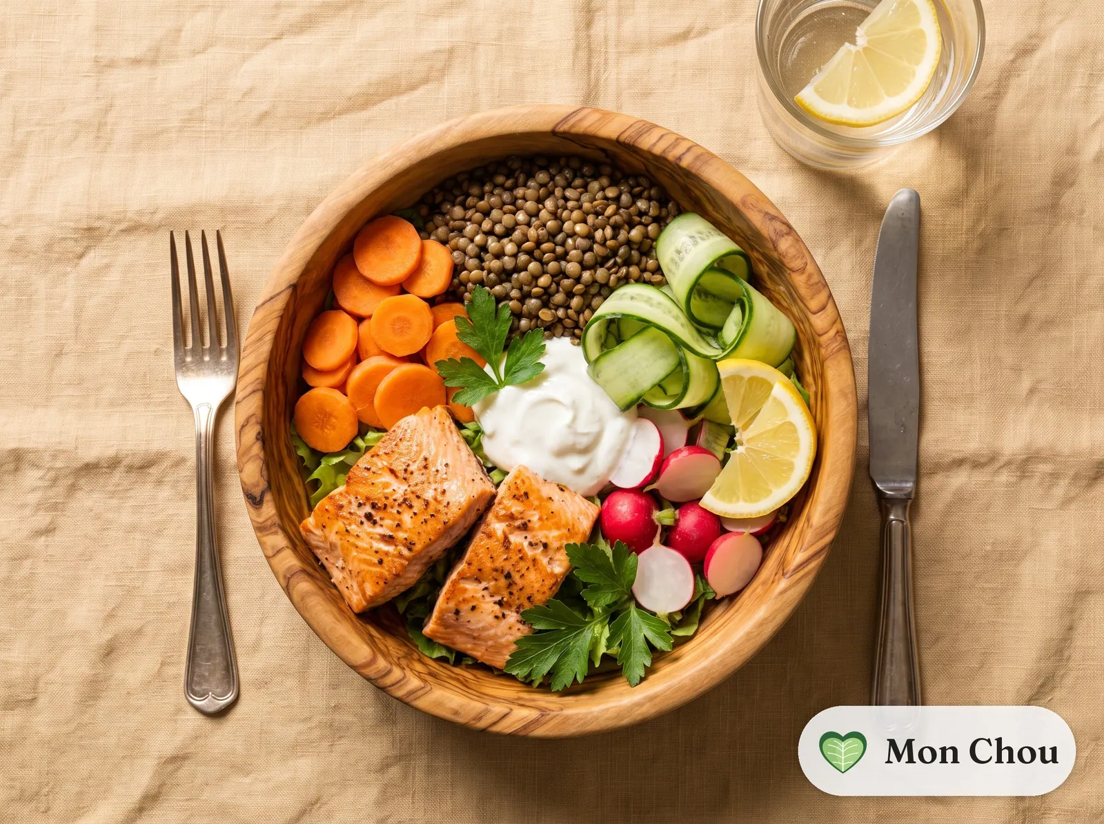 Roasted salmon bowl with lentils and vegetables
