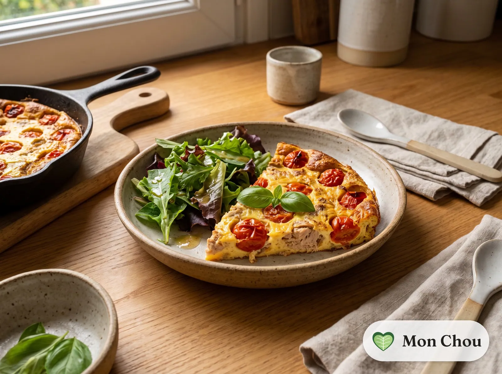 Clafoutis au thon et tomates cerises, salade
