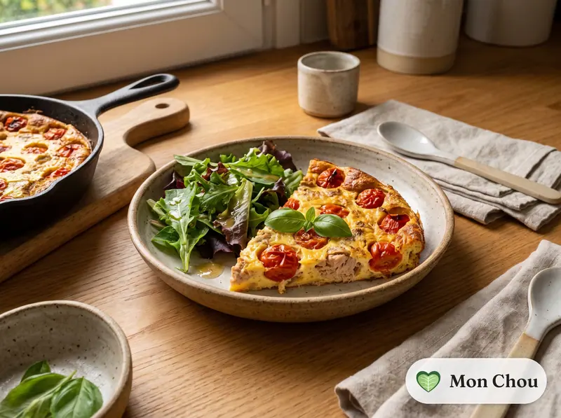 Clafoutis au thon et tomates cerises, salade