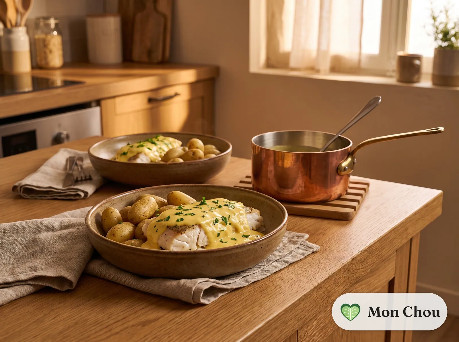 Poached hake with hollandaise and steamed potatoes
