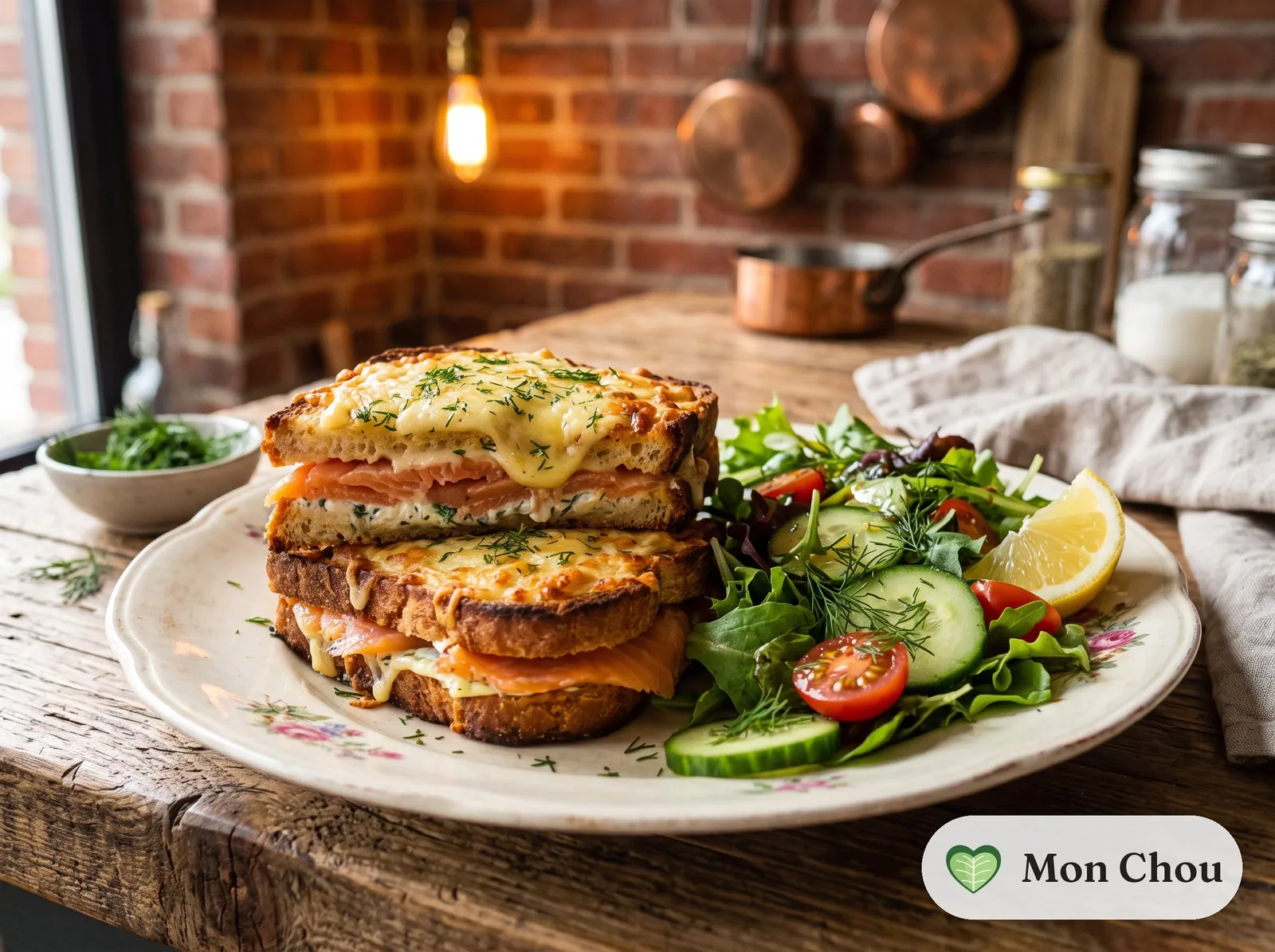 Croque au saumon fumé et salade