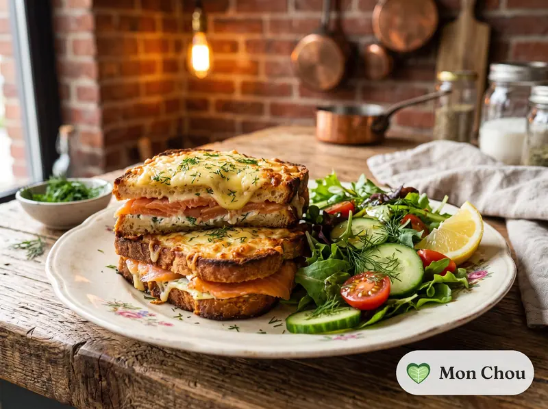 Croque au saumon fumé et salade